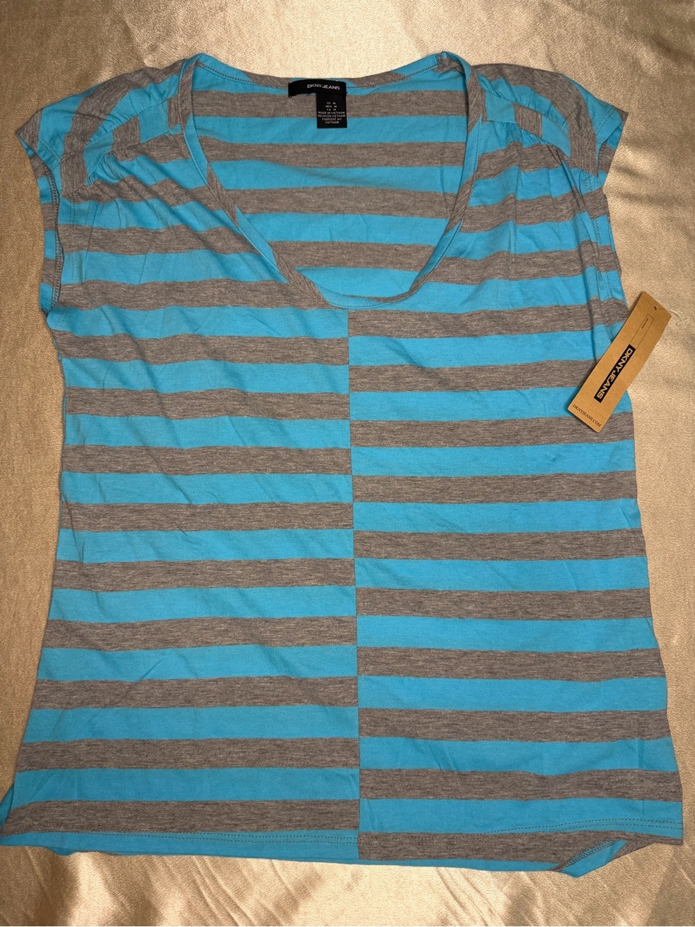 DKNY Jeans Womens Blue and Gray Striped Cap Sleeve  Cotton T-Shirt Medium Y2K